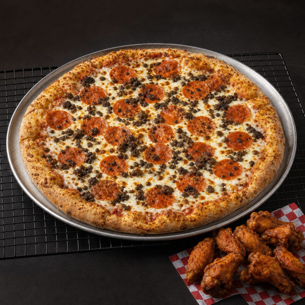 One Large Pizza with Two Toppings & Eight Wings.