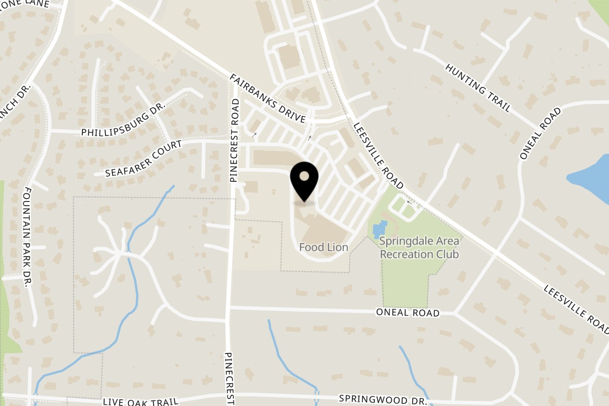 Map showing the location of Mega Pizza + Catering on 9101 Leesville Rd Suite#125 in Raleigh